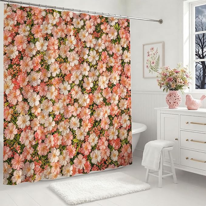 Floral Shower Curtain Pink Farmhouse Flowers Shower Curtain 72 X 72 Inch | with Waterproof Washable Bath Curtain for Boho Floral Bathroom Decor