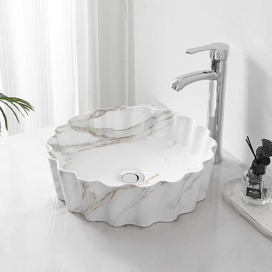 JONATHAN Y SNK1005C 15" Round Bathroom Vessel Sink, Art Deco Scallop Above Counter Vanity Sink, White Marble Finish Ceramic Basin for Modern Powder Room and Lavatory
