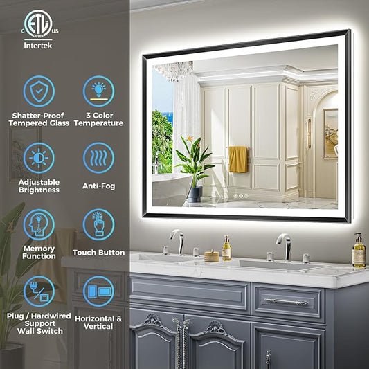 44x32 Black Framed LED Bathroom Mirror with Lights, Backlit and Front Light, Lighted Bathroom Vanity Mirror for Wall Dimmable Anti-Fog Memory Tempered Glass Horizontal/Vertical