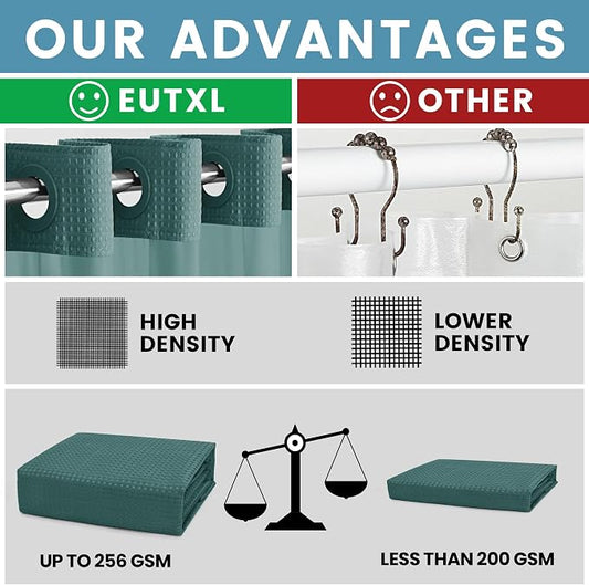 Heavyweight Waffle No Hook Shower Curtain with Liner, Seaweed Green, 71x74 | Snap in Liner, 256GSM, Thick, Hotel Luxury Spa, Waterproof Fabric, Corner Magnets, 3 in 1 Set, Washable, Hang in Seconds