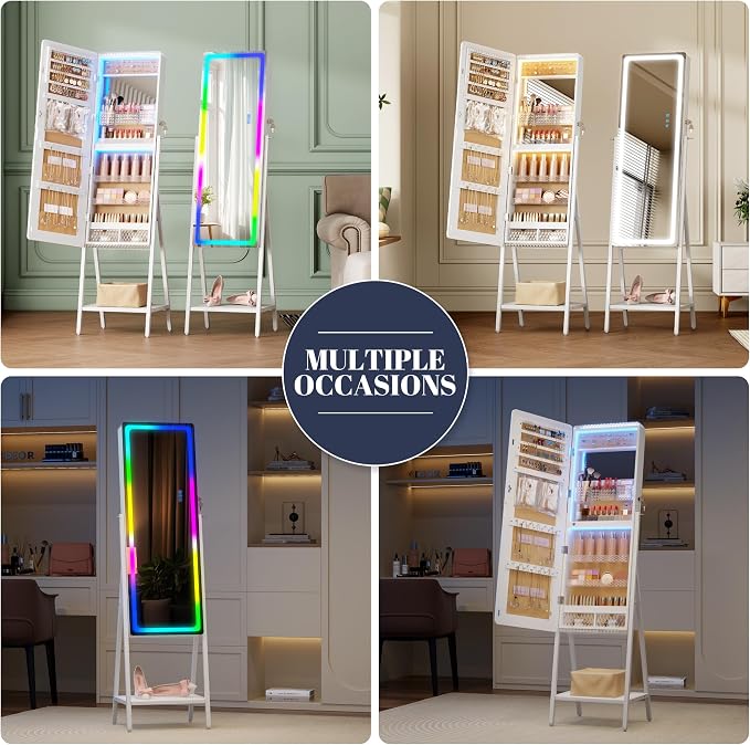 LVSOMT 14 RGB LED Mirror Jewelry Cabinet, Large Jewelry Armoire Standing | Lockable Full Length Mirror with Jewelry Storage, Space-Saving Jewelry Organizer Mirror, 14 RGB Lights, White