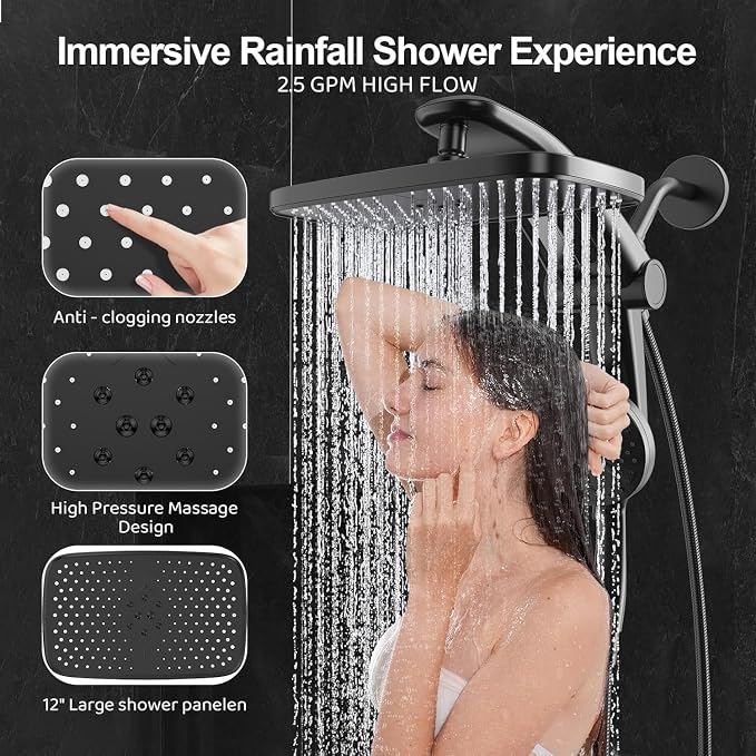 12-Inch High Pressure Rain Shower Head with Handheld Spray Combo, Magnetic | Dual shower heads; one-piece bracket adjusts height and angle; 9 settings: 8 sprays + 1 Power Jet for cleaning; easy install