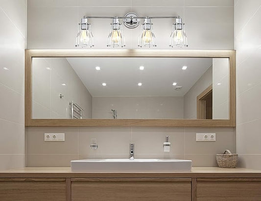 JONATHAN Y 29.5" Chrome Modern Industrial Metal Vanity Light, Bathroom Sconce for Mirror, Reversible 4-Light Wall Lamp with Metal Cage Shade for Hallway, LED Bulb Included (JYL7418A)