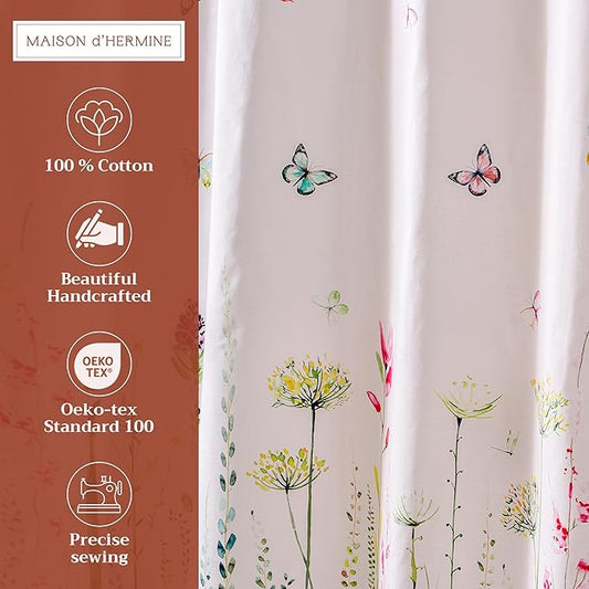 Maison d' Hermine Shower Curtain 100% Cotton One Panel 70"x72" Washable Fabric Shower Curtains for Bathroom, Easy Hanging with 12 Button Holes - Home Hotel Spa Easter Gifts (Botanical Fresh)