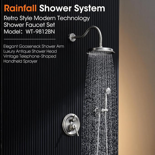 Rainfall Shower System Shower Faucet Set, Luxury, Antique, Brushed Nickel | 9 Inch Shower Head and Handheld Spray, Pressure Balance Valve, Wall Mounted, Bathroom, Shower Trim Kit