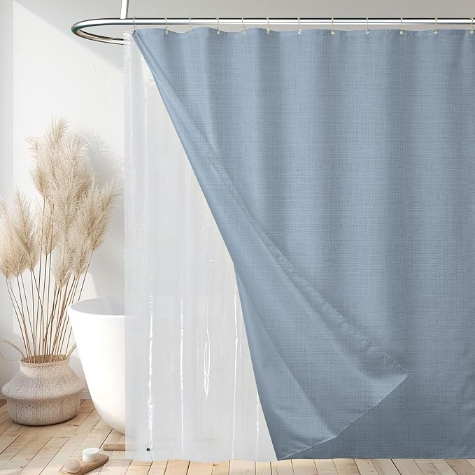 3 in 1 Shower Curtain Set, Fog Blue Boho Shower Curtain and Clear Liner Set with 12 Double Sided Shower Curtain Hooks, Cloth Shower Curtains for Bathroom,Waterproof, 72" W*72" H