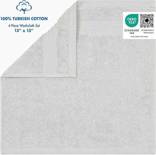 Cotton Paradise 100% Cotton Turkish Washcloth Set for Bathroom, 4 Piece Soft Absorbent Small Towels Wash Rags, Silver Grey