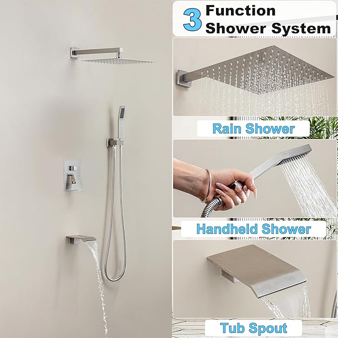 Shower System with 12-Inch Rain Head and Tub Spout | All-Metal Tub Shower Faucet Set, Wall Mounted Rain Showerhead, Handheld Spray, Includes Valve and Trim Kit, Brushed Nickel