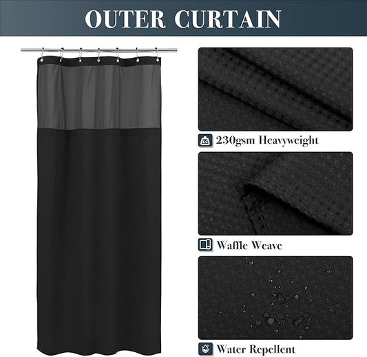 N&Y HOME Stall Waffle Weave Shower Curtain with Snap-in Liner Black 36x72 | 12 Black Hooks Included, Snap on/off Fabric Liner, Hotel Style & Mesh Window, Machine Washable, 36x72 Small Shower Stall Size
