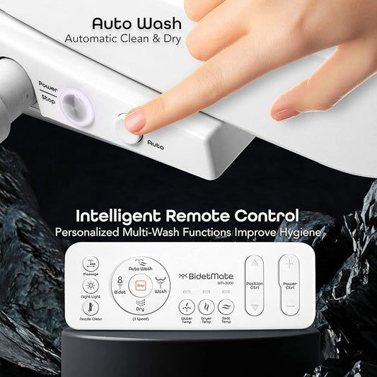 BidetMate 3000 Series Electric Bidet Toilet Seat, Heated Water and Seat | Unlimited warm-water wash, air dryer, and self-cleaning stainless nozzle. Wireless remote. Fits elongated toilets.