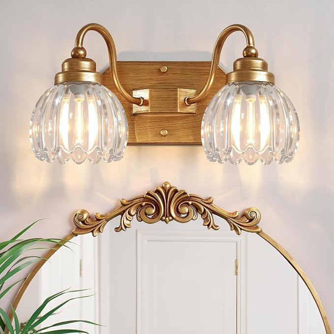 Vintage Gold Bathroom Light Fixtures,2 Light Tulip Crystal | Brushed Gold Vanity Lights,Matte Antique Brass Finish, Mid Century Style,Wall Sconces for Bedroom, Hallway, Easy To Install