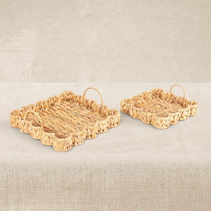 Household Essentials Woven Water Hyacinth Scalloped Square Trays, Set of 2, Natural