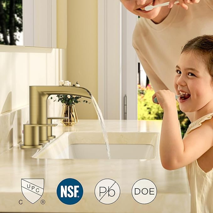 FORIOUS Bathroom Faucet 3 Hole Widespread Sink 8 Inch 2 Handle Brushed Gold | 3-hole 6-12 Inch Widespread Sink, Waterfall Faucets, with Drain and Hoses,for Vanity Rv Commercial Lavatory Restroom Basin