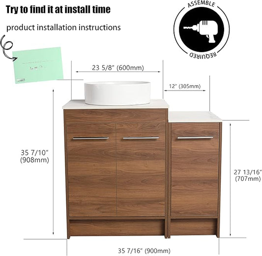 36" Bathroom Vanity, 36" Inch Freestanding Vanity with Ceramic Vessel Sink, Modern Single Sink Bathroom Vanity Combo, Brown Floor Stand Storage Cabinet Set(BRE400, 36 * 18)
