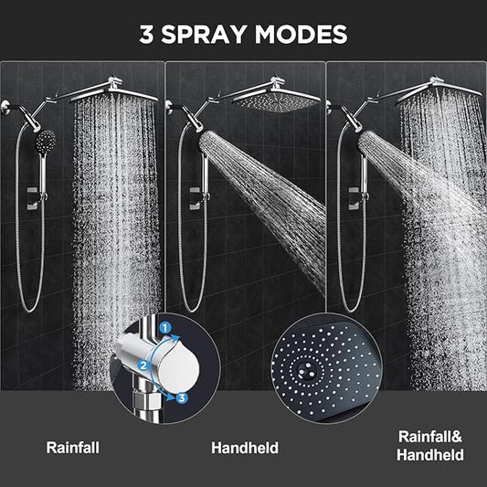 Veken 11.8" High Pressure Shower Head with Handheld, Metal Core Fittings | Handheld Shower Heads with Multi Spray Modes, Rainfall Combo, Detachable Dual Shower, Bathroom Decor, Durable, Chrome Silver