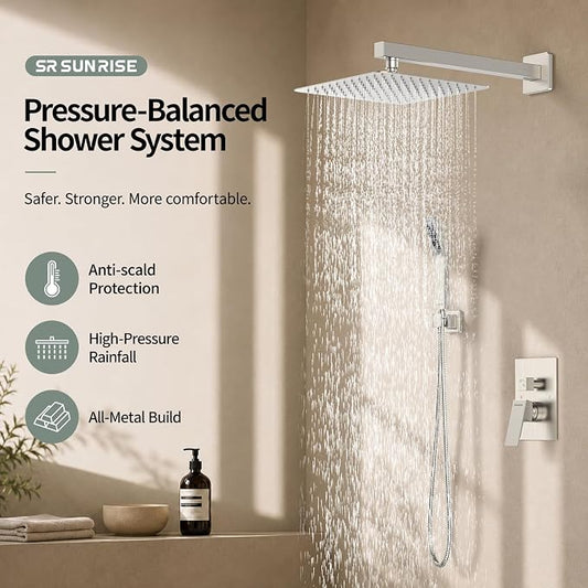 SR SUN RISE Shower Faucet Set Bathroom Square Rain Shower Head with Handheld Spray Wall Mounted Rainfall Shower Fixtures Brushed Nickel Shower Faucet Trim Repair Kits (Contain Shower Valve)10 Inches