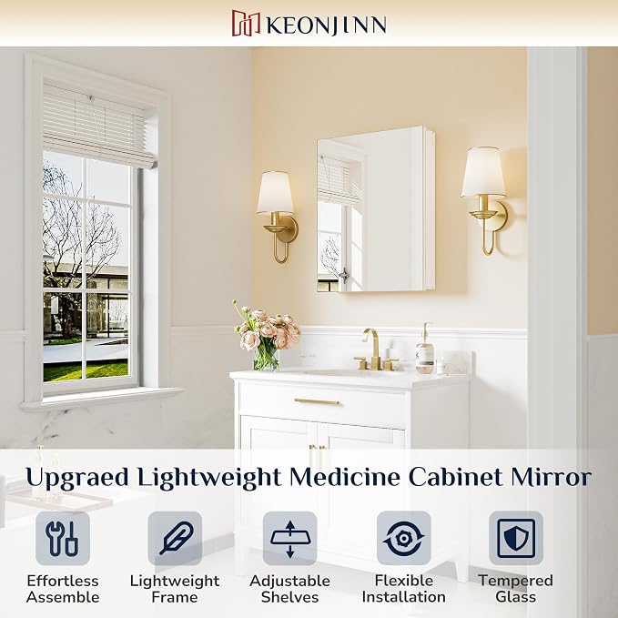 Keonjinn Bathroom Medicine Cabinet 20"x26" White, Freely Adjustable Shelves | Effortless Assembly, Safe HD Tempered Glass, Wall-mounted or in Wall, Soft Close, Lightweight Bathroom Mirror with Storage
