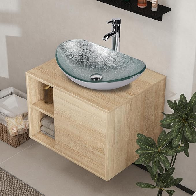 YOURLITE 24" Floating Bathroom Vanity with Sink, Wall-Mounted Bathroom Vanity and Sink Combo with Mirror and Faucet & Pop Up Drain Set Sliver Glass Boat Bathroom Sink
