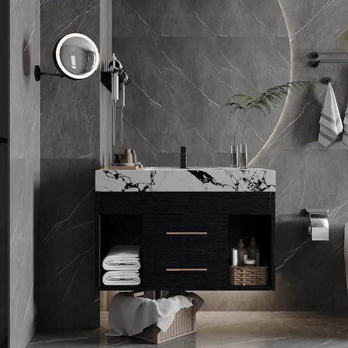 KEIKI 29.9" Bathroom Vanity with Undermount Sink Combo, Modern Floating Vanity Cabinet with 2 Drawers & Open Side Shelves, Storage Wall Mounted Cabinet for Small Space, Black Marbe