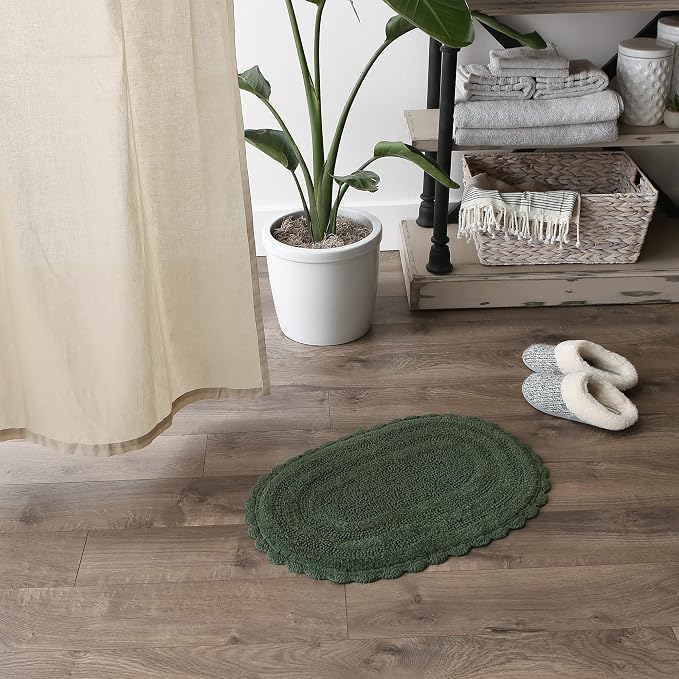 DII Crochet Collection Reversible Bath Mat, Small Oval, 17x24, Dark Green