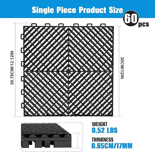 60-Pcs Interlocking Tile, 12" x 12" Indoor/Outdoor Self-Drainage Interlocking Floor Tiles, Non-Slip Heavy-Duty Polypropylene Splicing Flooring Tile for Garage Patio Pool Bathroom, Black
