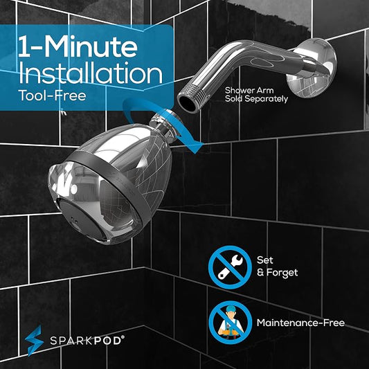 SparkPod High Pressure Shower Head, 3 Inch Fixed Showerhead, Chorme | Rain, Pulsating & Combo Modes, Helps Boosts Low Water Pressure, Anti-Clog Nozzles, Easy Install