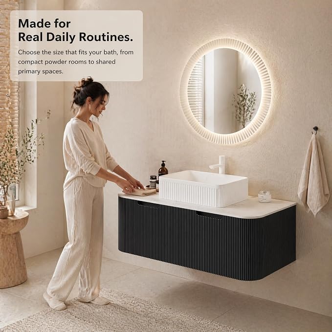 48 Inch Bathroom Vanity with Sink, Floating Wall Mounted Single Sink Vanity, Black Curved Fluted Front, Stone Top, White Textured Rectangular Vessel Basin, Pre-Assembled