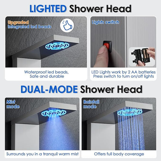 ROVOGO LED Shower Panel Tower System With Lights, 5 Shower Modes, Brushed | Rainfall Mist Shower Head, Large Body Jets, Handheld, Tub Spout, Stainless Steel Shower Column, Brass Mixing Valves, 50 Inch