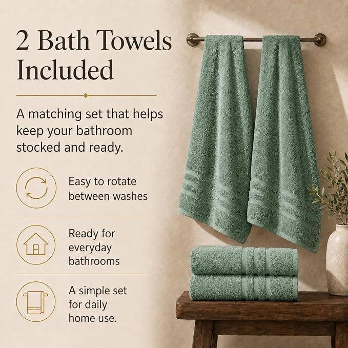 Velqora Bath Towels, 2 Pack, 30x60 in, 100% Cotton, Soft, Sage Green | Absorbent Terry | Balanced Weight | Easy Care