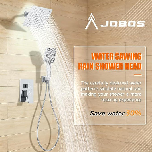 Shower System Modern Rain 8 inches Brass Faucet Set With Valve and Diverter Shower Mixer With Handheld High Pressure Square Rainfall Shower Valve (8'' Wall Mount, Chrome Polished)