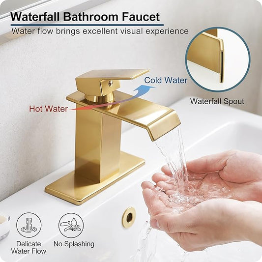 Gold Bathroom Faucet Single Handle, Brass Waterfall Bathroom Faucet, 4 Inch Bathroom Faucets 1 Hole or 3 Holes Bathroom Sink Faucets with Deck Plate & Pop-Up Drain for Public Sinks No Splashing