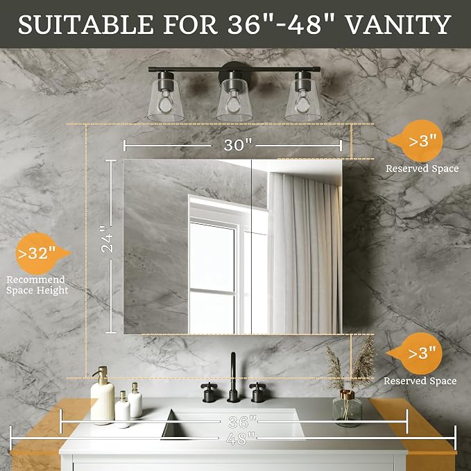 30 x 24 in Medicine Cabinet with Mirror and Side Panels, Silver | Surface or Recessed Medicine Cabinet Mirror with Storage, Adjustable Shelves, Aluminum Alloy Frame, Assembly Required