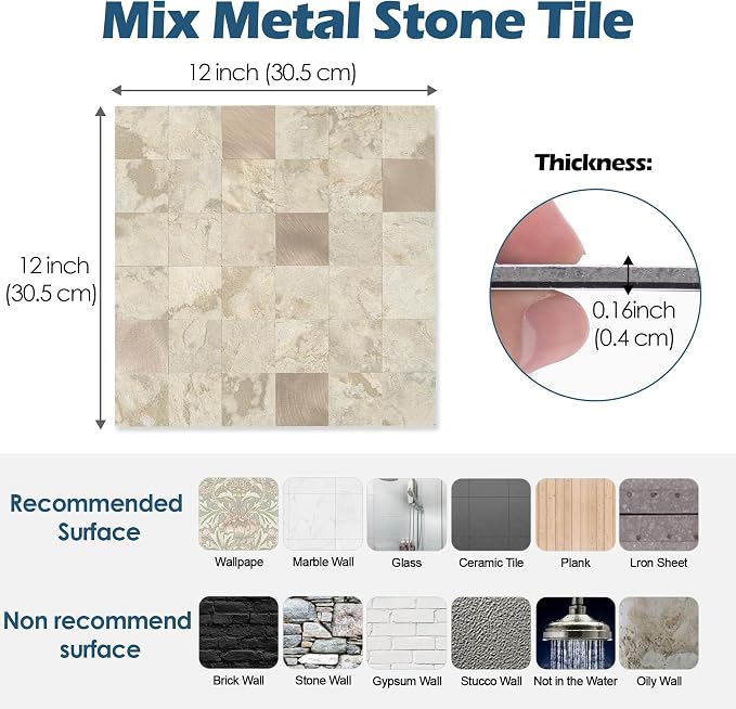 Yipscazo 10 Sheet Peel and Stick Backsplash Mosaic Tiles Stainless Steel Metal Kitchen Backsplash Stick on Tiles for Stove, Bathroom, Laundry in Ecru Stone (11.8'' x 11.8'')