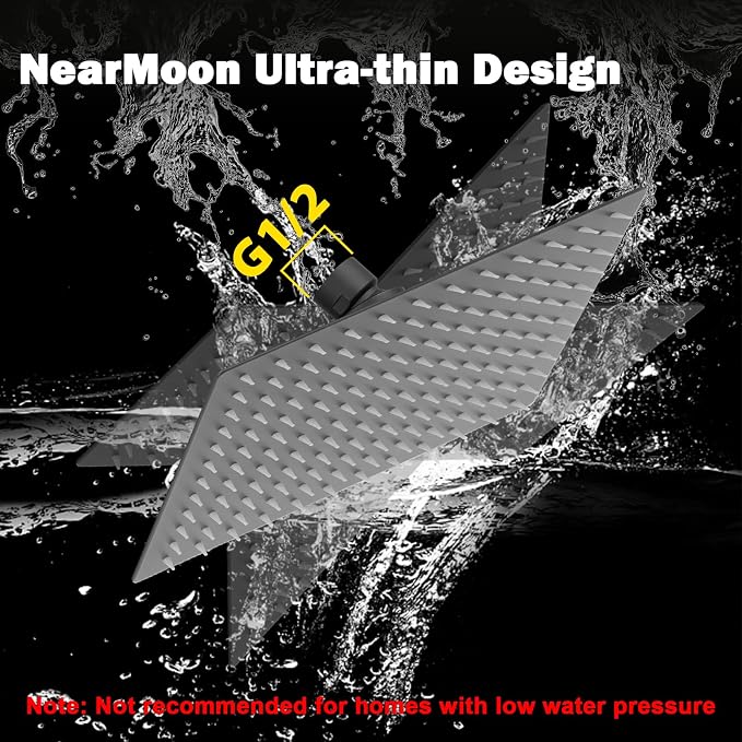 NearMoon Rain Shower Head, High Flow Stainless Steel Rainfall Shower, High Pressure Design, Awesome Shower Experience Even At Low Water Flow (12 Inch Rectangle, Matte Black)