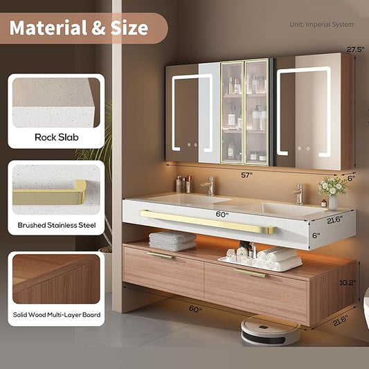 60-Inch Double Sink Vanity with Medicine Cabinet, Mirror Defogger, Wall Mounted Floating Storage (60")