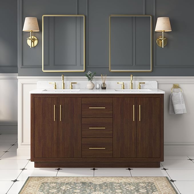 60 Inch Bathroom Vanity with Double Sink, Solid Wood Frame with Engineered Marble Countertop, Fully-Assembled Vanity with Soft-Close Drawers, Adjustable Feets, Warm Elm