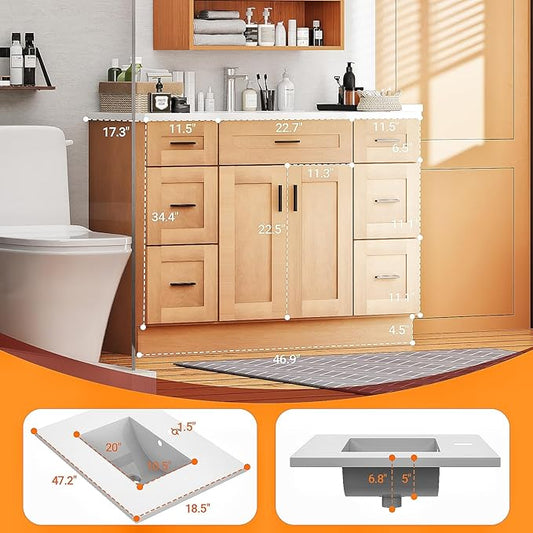 48Inch Bathroom Vanity with Sink, 6 Drawers & Soft-Close Doors, Integrated Ceramic Top, Thickened Panels & Reinforced Wooden Frame, Freestanding Bathroom Storage Cabinet(Natural Oak)
