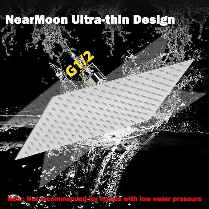 NearMoon Rain Shower Head, High Flow Stainless Steel Rainfall Shower, High Pressure Design, Awesome Shower Experience Even At Low Water Flow (12 Inch Rectangle, Chrome Finish)