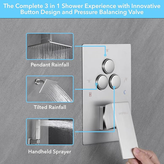 VANFOXLE Rain Shower System Brushed Nickel Shower Faucet Set, High Pressure | Push Button Diverter,16 Inch Ceiling Mount Rain Head Increased Thick, 6 Inch Side Head, 2-in-1 Handheld Sprayer