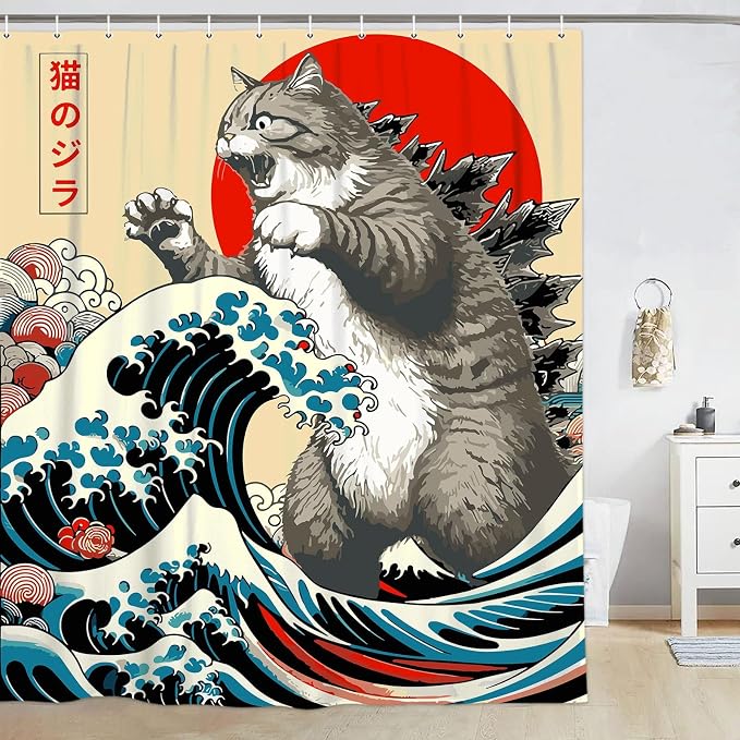 Funny Japanese Cat Shower Curtain,Vintage Cat Art Japan Sunset Waterproof Shower Curtain with Hooks, Fabric Shower Curtains for Bathroom Decor 36X72inches