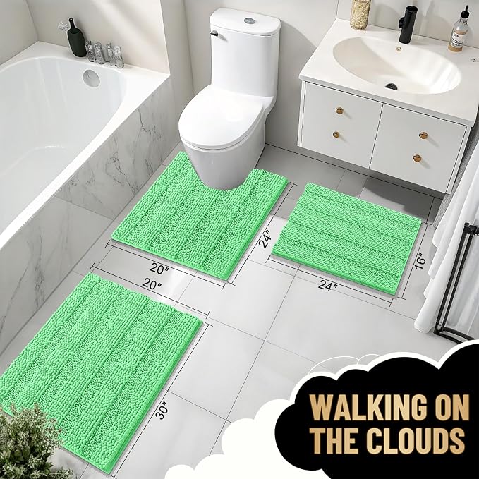 OLANLY Thick Bathroom Rugs 30x20, Chenille Striped Bath Rugs, Mint Green | Rubber Backing, Machine Wash, Extra Soft Absorbent Bath Mats for Bathroom Floor, Tub and Shower, Home Decor Accessories