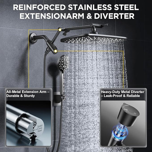 Veken 11.8" High Pressure Shower Head with Handheld, Metal Core Fittings | Handheld Shower Heads with Multi Spray Modes, Rainfall Combo, Detachable Dual Shower, Bathroom Decor, Leak-Proof, Matte Black
