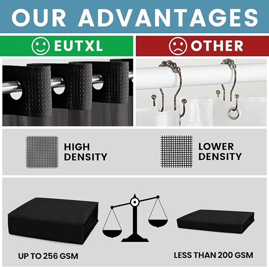 EUTXL Heavyweight No Hook Shower Curtain with Liner, Black, 36x74 | Snap in Liner, Thick Waffle Fabric, Hotel Quality, Corner Magnets, Waterproof & Washable
