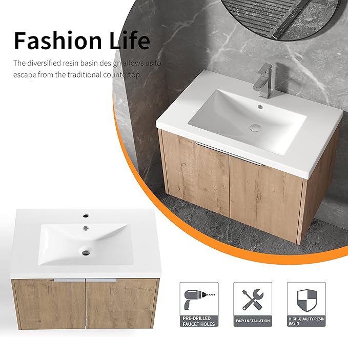 30 Inch Bathroom Vanity with Sink, Modern Wall Mount Floating Bathroom Vanity Set, Brown Vanity, Ceramic Sink and Soft Close Door