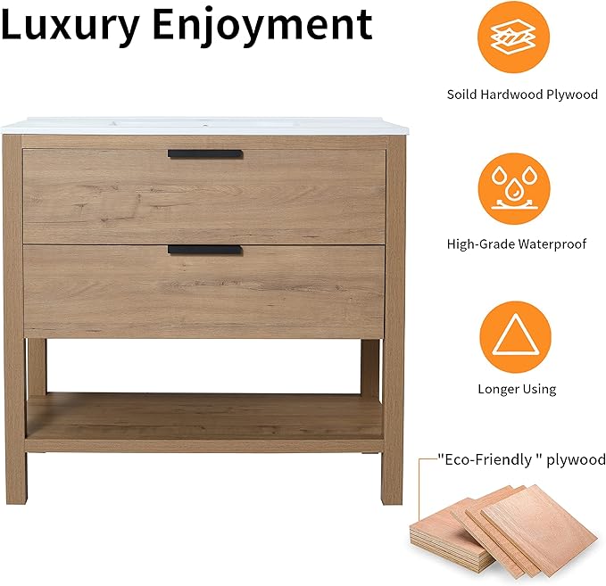 30'' Freestanding Bathroom Vanity, 30 Inch Floor Stand Bathroom Vanity with Sink, Single Black Sink Cabinet Set, Modern Storage Cabinet, with Soft Closing Drawers, 01030IMO+9075BK