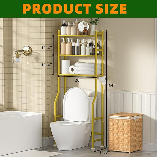 3-Tier Over Toilet Storage with Anti-Tilt Safety System - 150lb Total Capacity Metal Bathroom Shelves Including Paper Holder & 4 Hooks, Space Saving Above Commode Organizer (64" H, Gold)