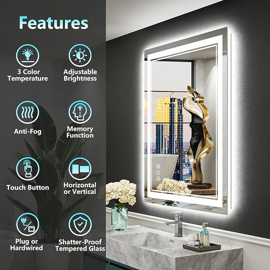 20x28 LED Bathroom Mirror with Lights, Backlit and Front Lit Anti-Fog Lighted Vanity Mirrors for Bathroom Wall, Dimmable, 3-Color Light, Memory, Shatter-Proof, HD Tempered Glass, CRI>90