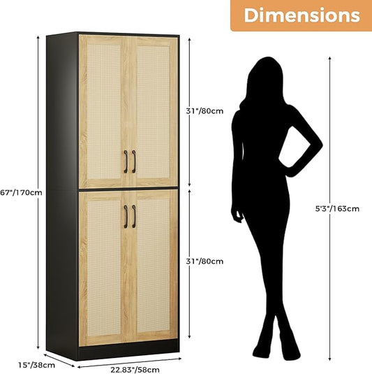 JASIWAY Kitchen Pantry Cabinet, 67" Tall Rattan Storage Cabinet with Doors and Adjustable Shelves, Wooden Linen Pantry Cupboard for Small Spaces Laundry Room Bathroom, Food Snack Towels Storage, Black
