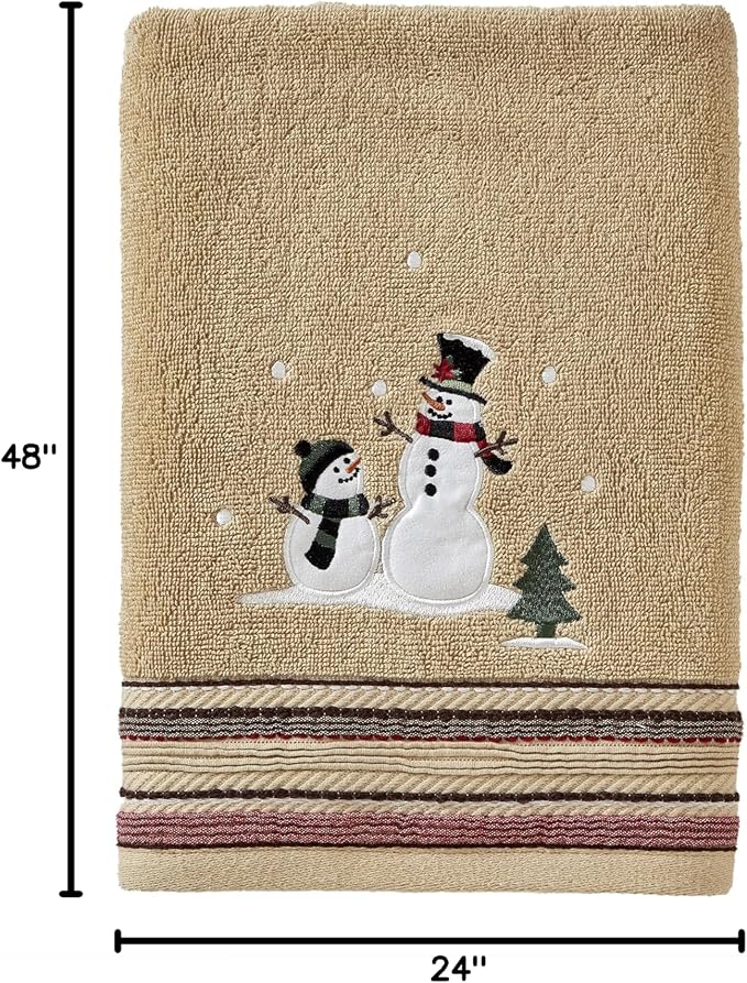 SKL Home Christmas/Winter Rustic Plaid Snowman Bath Towel, Wheat | 100% Cotton. 500 GSM. Soft & absorbent terry with embroidery. Great for holiday gifting.