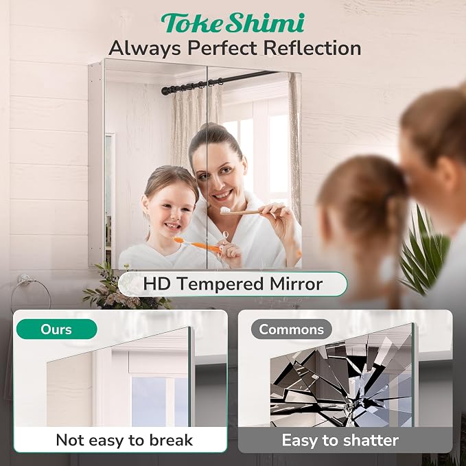 TokeShimi 40 x 26 Farmhouse Medicine Cabinet Recessed or Surface Mount Aluminum, Mirror with Stepless Adjustable Storage, Silver Bathroom Mirror Medicine Cabinet Frameless Metal Modern